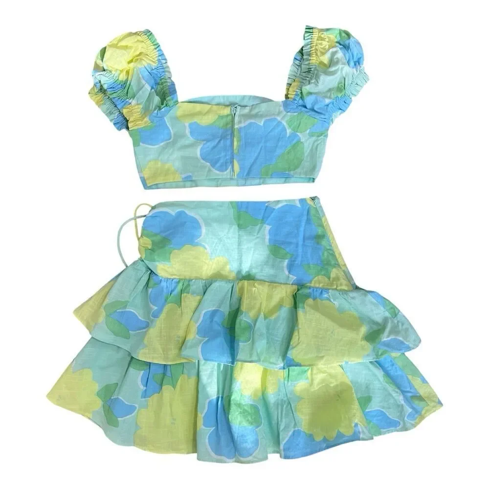 SABO SKIRT Jamila Floral Two Piece Set US 2 Puff Sleeve Crop Top Mini Skirt